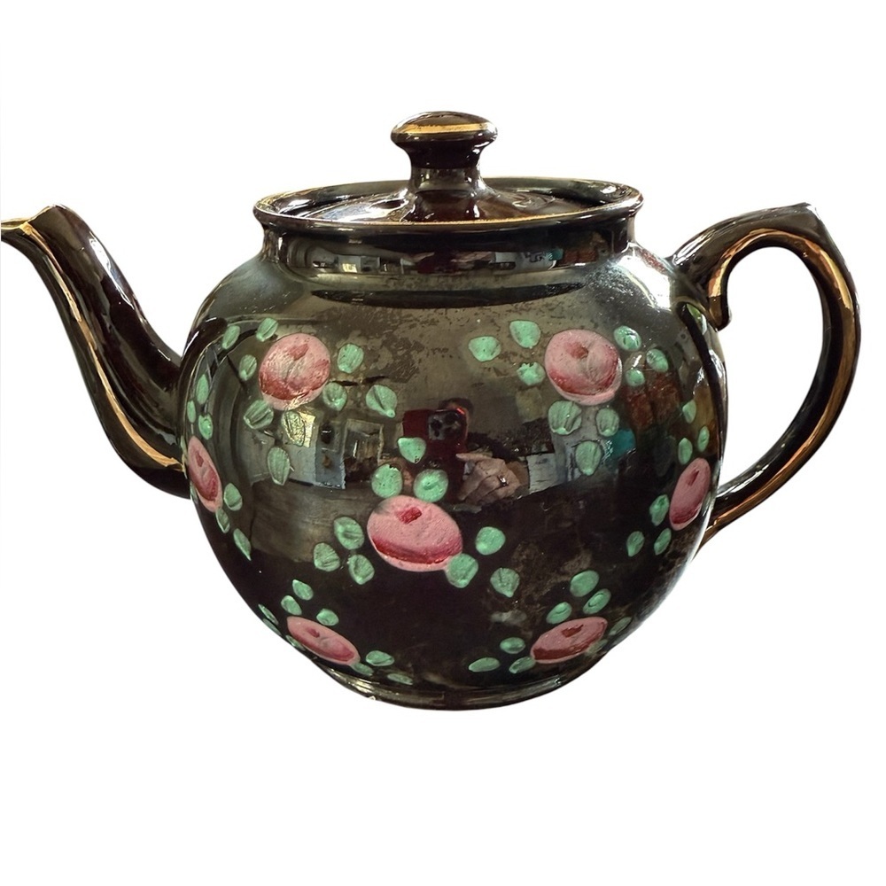 Vintage made in  England WWII Floral Enameled Brown Stoneware Teapot